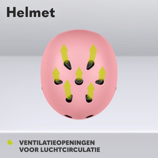 Roze kinderhelm met pijlen die vanuit de ventilatieopeningen omhoog wijzen, wat luchtcirculatie aanduidt.