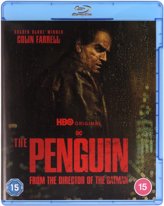 Voorkant Blu-ray hoes van 'The Penguin' met Colin Farrell in de hoofdrol, met de titel in rode letters.