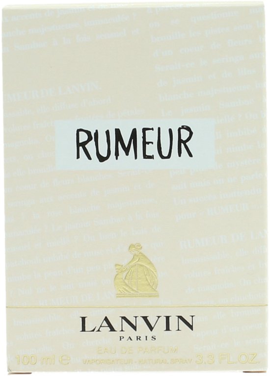 Crèmekleurige kartonnen verpakking met de tekst "RUMEUR" in een zwart kader, en "LANVIN PARIS 100 ml EAU DE PARFUM VAPORISATEUR - NATURAL SPRAY 3.3 FL.OZ."