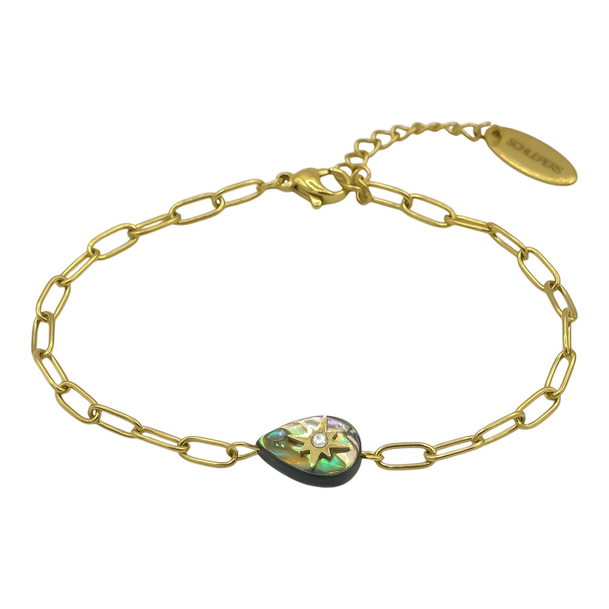 Goldplated Dames Armband met peervormige bedel van echte zeeoor schelp - Goudkleurige Schakelarmband verguld - 17 + 3 cm