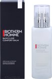 Zwarte verpakking naast een witte fles met zilveren pompdispenser. Beide met "BIOTHERM HOMME BASICS LINE COMFORT BALM".