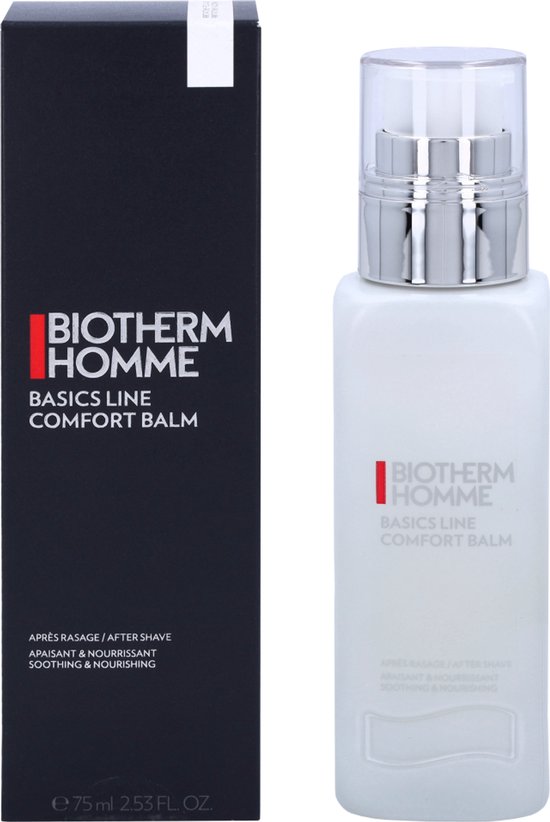Zwarte verpakking naast een witte fles met zilveren pompdispenser. Beide met "BIOTHERM HOMME BASICS LINE COMFORT BALM".