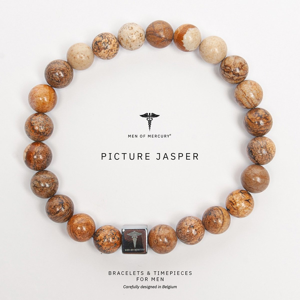 MEN OF MERCURY® Natuursteen Armband Heren - Picture Jasper - Bruin & Beige - Handgemaakt - Elastisch - Aarding & Balans - Spirituele Betekenis - 19cm