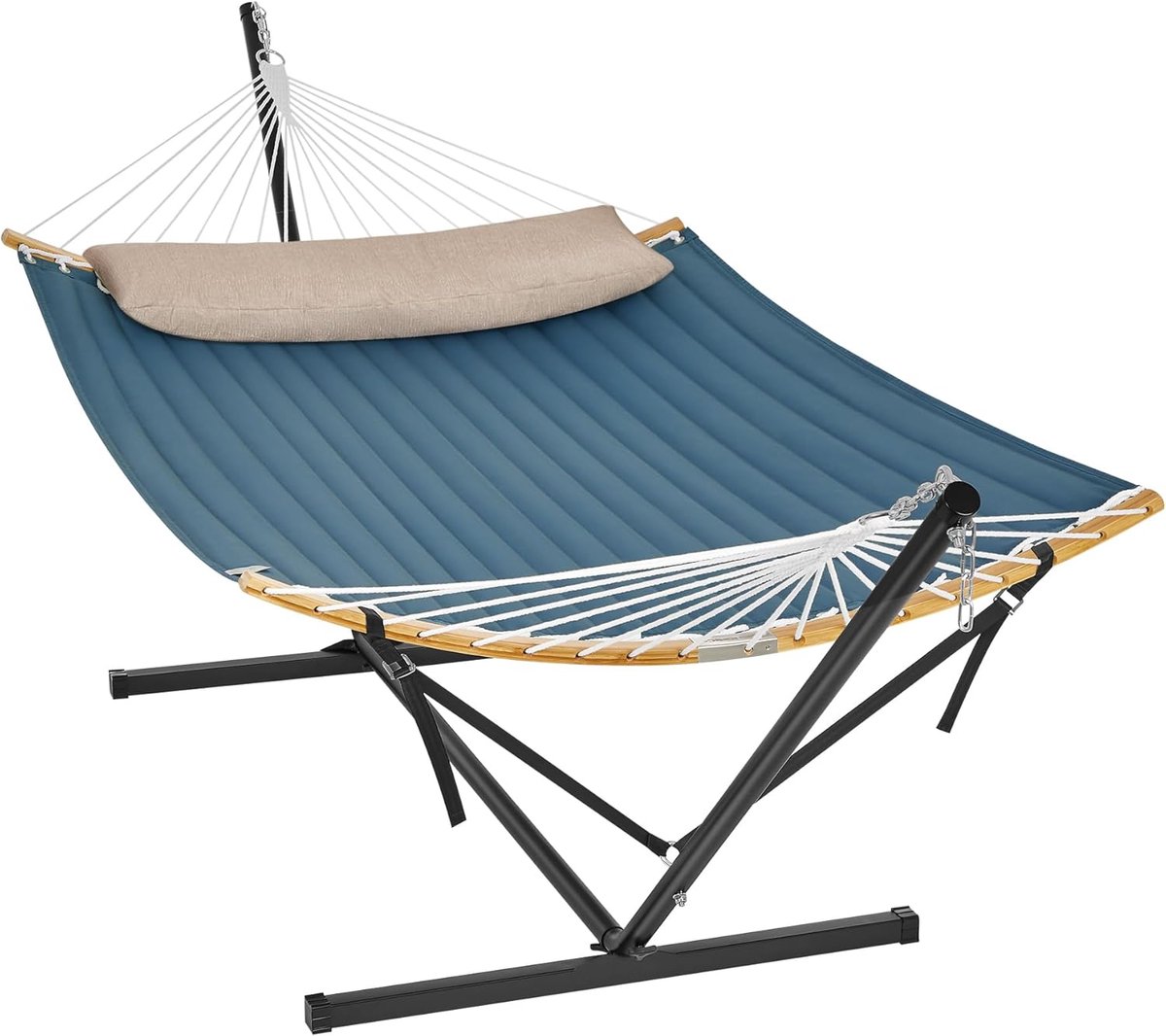 Furnstar Hangmat met Frame - Metalen Hangmatstandaard - Dubbele Halterstang - Met Kussen - Tot 200 kg Belastbaar - Blauwe hangmat GHS002Q01