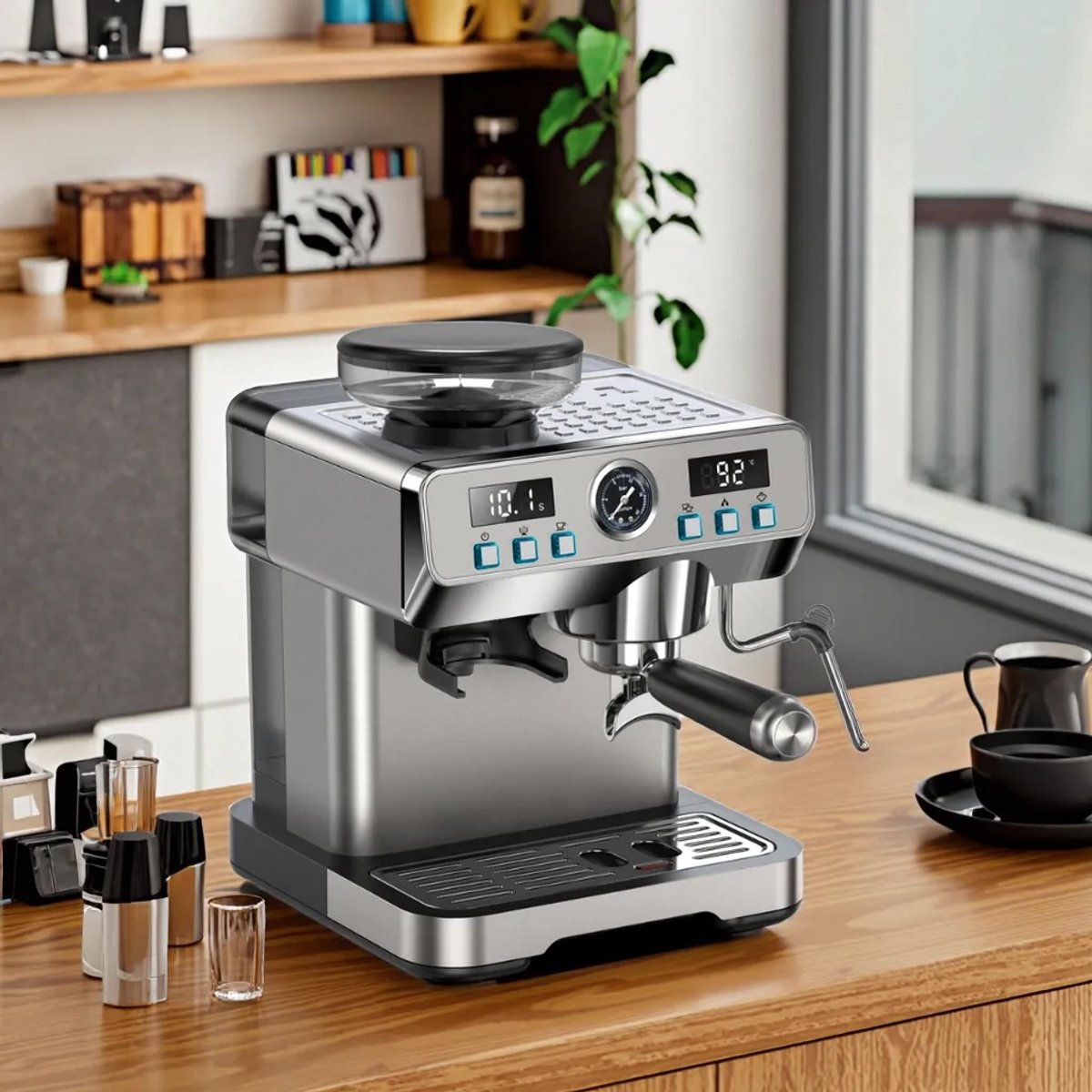 Afbeelding 2 van Lopoleis® Barista Espressomachine – Pistonmachine met Koffiemolen – RVS Koffiemachine melkopschuimer – Bonenmaler – Brushed Stainless Steel