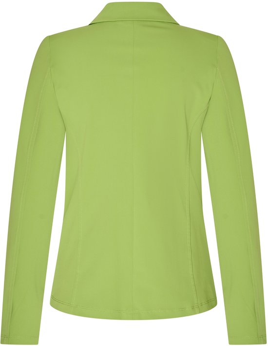 Achterkant van een lichtgroene blazer met lange mouwen en gestikte naden.