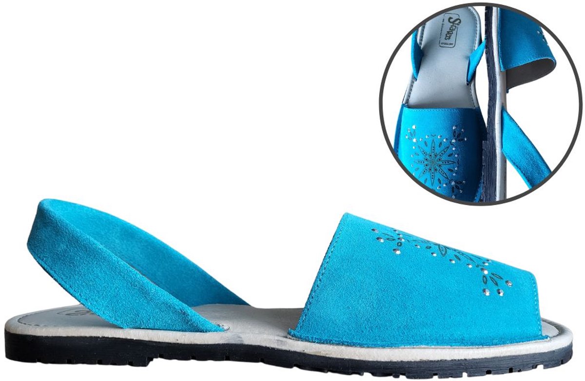 Stravers - Maat 33 Boho Menorquinas dames Turquoise. Kleine Maten Spaanse Leren Sandalen