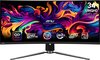 Zwarte gebogen MSI gaming monitor met QD OLED, 240Hz, UWQHD display.