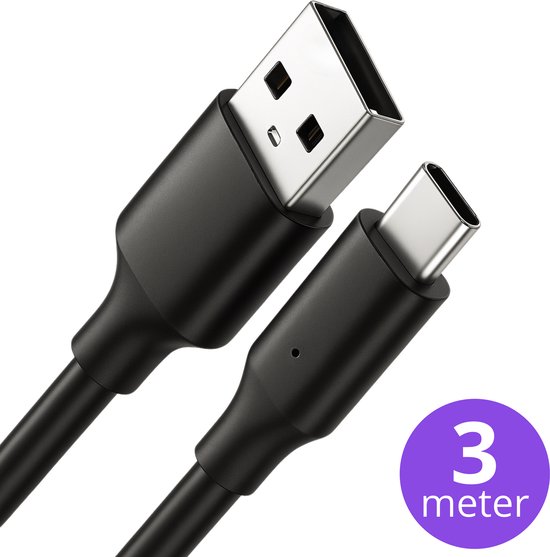 VeryGoods USB C Kabel - USB C naar USB A Kabel - Laad 3x zo Snel - Oplaadkabel 10Gbps Dataoverdracht - Geschikt voor Telefoon & Tablet - 3 Meter - Zwart