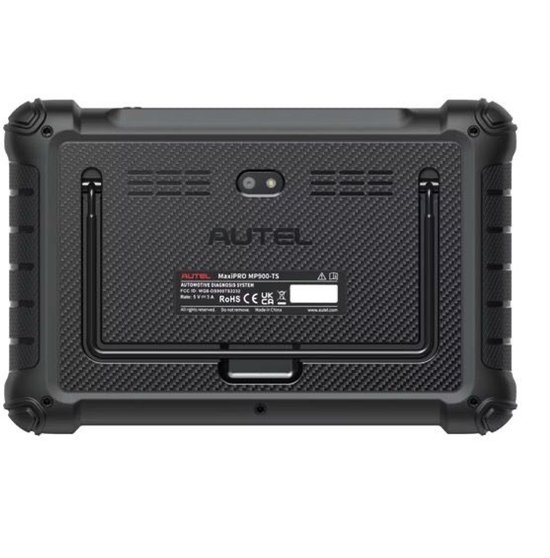 Achterkant van de Autel MaxiPRO MP900-TS diagnose tablet met carbonlook textuur en certificeringen.