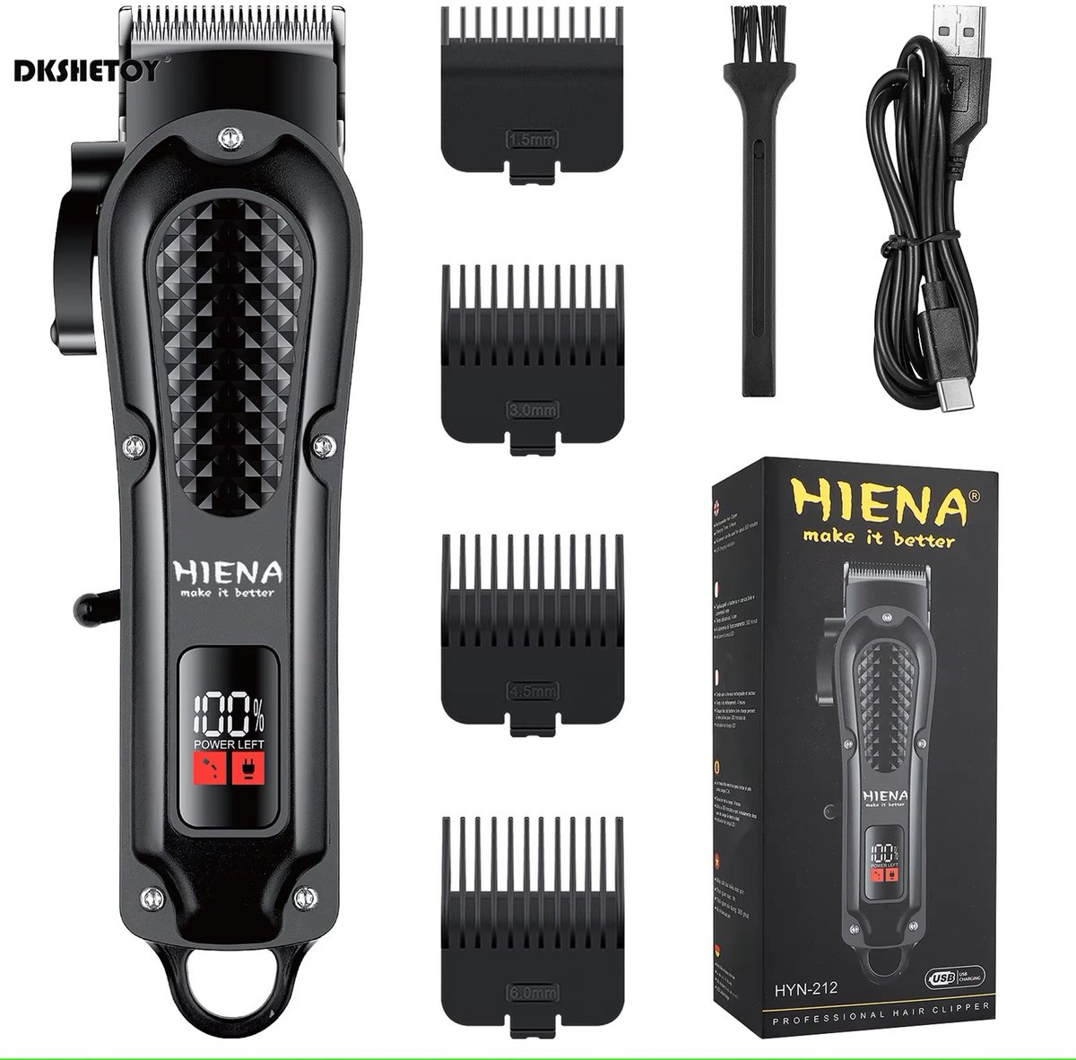 Digitale HIENA Clipper - Krachtige Keramische Tondeuse - Usb Oplaadbare Scheerapparaat voor Gezichtshaar, Hoofdhaar en Lichaamshaar - Perfecte Lichaamshaar Verzorging - Digitale Batterij Indicator - Kleur: Zwart