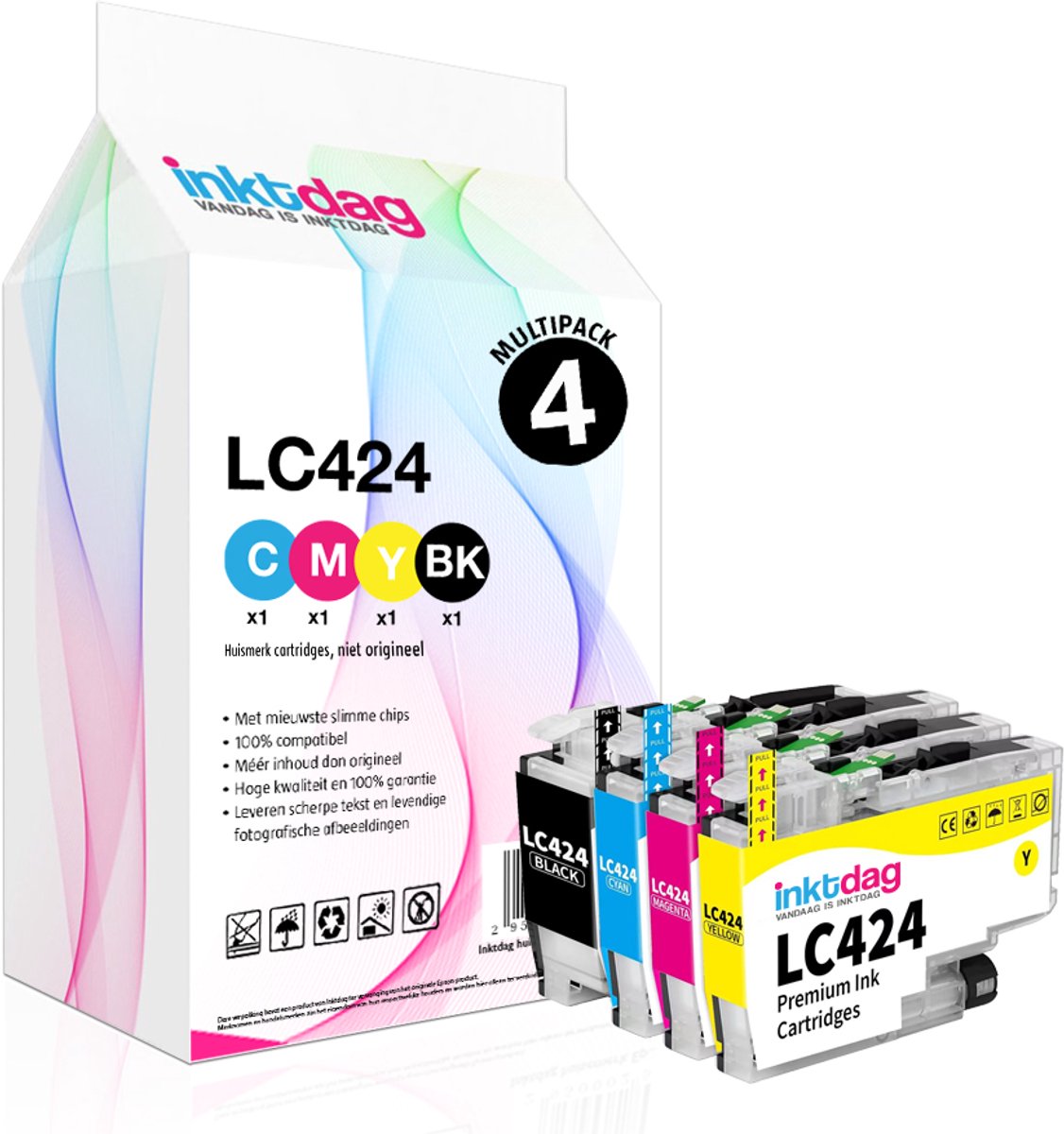 Inktdag lc424 brother inktpatronen, lc424 inktcartridges Compatible with Brother DCP-J1200W DCP-J1200WE Printer (Pack of 4, LC424BK LC424C LC424M LC42