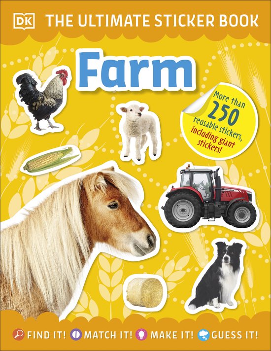 Boekomslag met de titel 'Farm'. Bevat stickers van een haan, lammetje, paard, tractor, bordercollie en hooibaal.