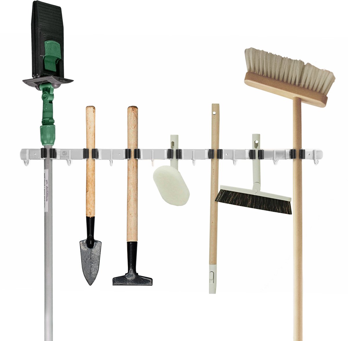 Recalma Bezemhouder - Gereedschapshouder Wand - Bezem Ophangsysteem Tuingereedschap - 304 RVS - 8 Haken 7 Klemmen - Zelfklevend & Schroef - Zilver