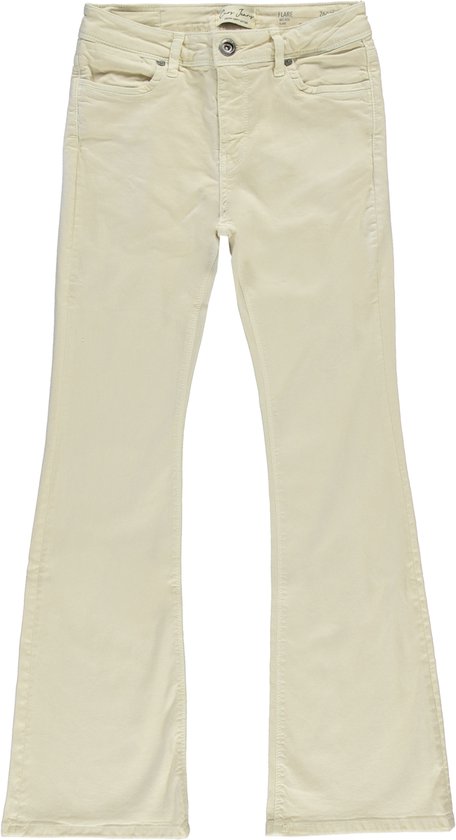 Jean flare en velours côtelé crème taille haute, sur fond blanc.