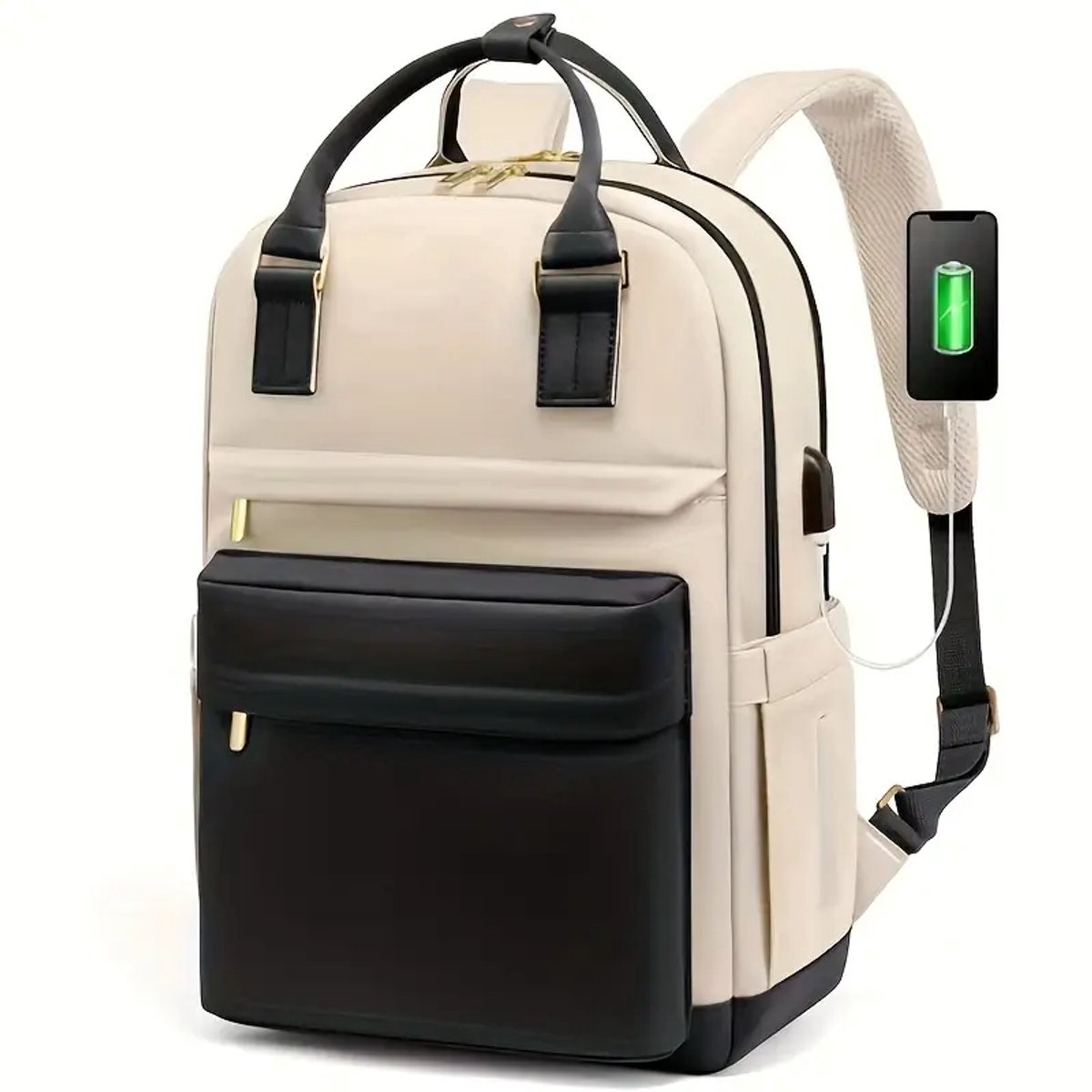 Ultiluxe® Laptoptas 15.6 inch - Zwart/beige/creme - 43 x 30 x 18 cm - USB-oplaadpoort - Met laptop vak - Waterbestendig - Rugtas voor dames - Rugzak voor meiden - Schoudertas, schooltas, reistas - Laptoprugzak - Gouden details