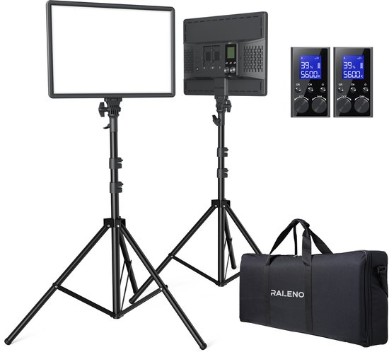 Raleno S300K - 2 Stuks LED Videolamp - 45W - 18" Paneel met 75" Verstelbare Statief - 3200-5600K - Remote Control voor YouTube Fotografiestudioset