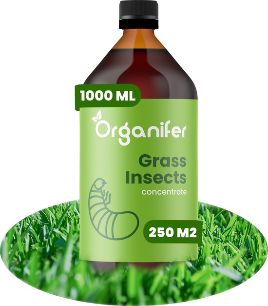 Bouteille Organifer de 1L de concentré anti-insectes pour gazon, pour 250m2, avec illustration d'une larve.