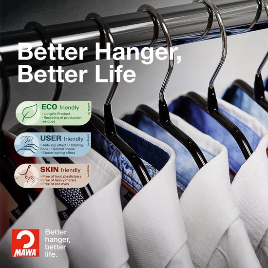 Cintres MAWA - Set de 10 - Pendentifs peu encombrants et antidérapants pour Chemises et Chemisiers - Crochet rotatif à 360° - Revêtement antidérapant de haute qualité - 41 cm, Zwart