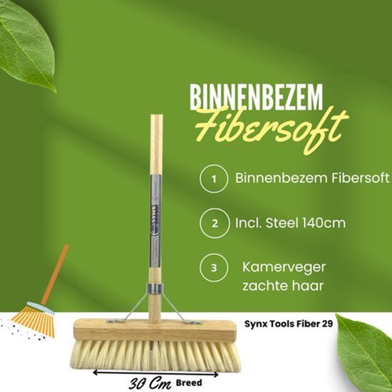 Synx Tools Fibersoft 30cm + Vloertrekker Kunststof 45cm met Steel 120cm - Zaalveger - Vloerreiniger - Natuurrubber - Zachte binnenbezem met steel 140cm van Synx Tools — afbeelding 4