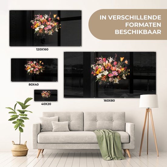 MuchoWow® Glasschilderij 160x80 cm - Schilderij acrylglas - Vaas - Bloemen - Tulpen - Foto op glas - Muurdecoratie woonkamer - Wanddecoratie slaapkamer - Schilderijen