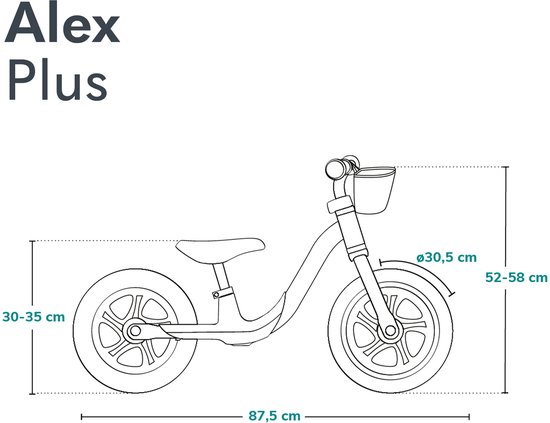 Schematische weergave van een roze loopfiets met afmetingen.