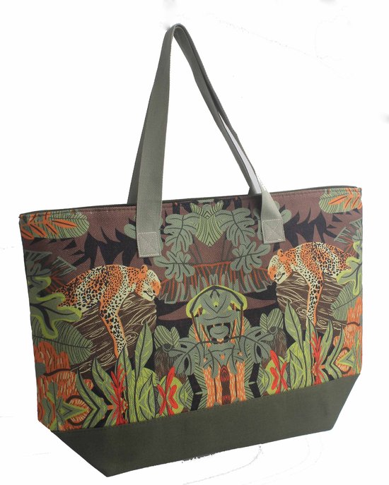 Strandtas Jungle - Accessories Junkie Amsterdam- Dames strandtas XXL- Schoudertas- Beachbag- Shopper- 1 rits vakken- Stijlvol en Functioneel- Canvas- Groen