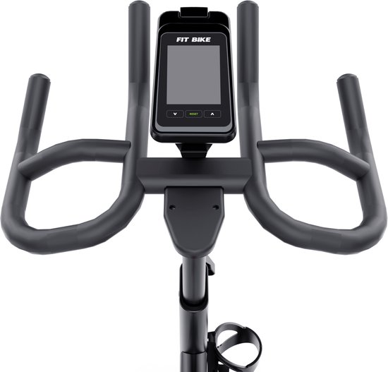 De display en het stuur van de zwarte FitBike spinfiets, met knoppen 'V', 'RESET' en '^'.