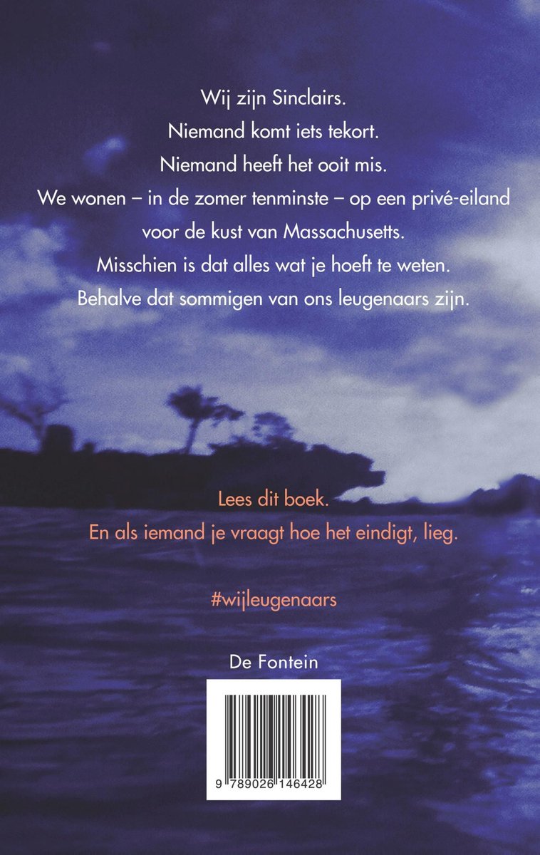 Achterkant boek 'Wij leugenaars' met tekst en barcode. Schemerige kustlijn op de achtergrond.