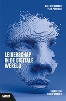 Blauwe digitale weergave van een menselijk gezicht, opgebouwd uit blokjes. "Leiderschap in de digitale wereld" staat erop.