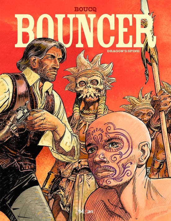Kopplaat van Bouncer 11: Dragon's Spine, met een man met een revolver en indianen met hoofdtooien.