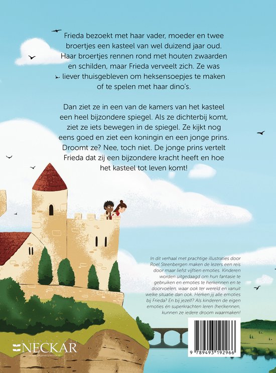 Een meisje met bruin haar en een rode jurk kijkt in een spiegel voor een kasteel.