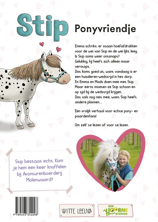 De achterkant van het boek 'Stip Ponyvriendje' met een afbeelding van een meisje en een gestippelde pony.