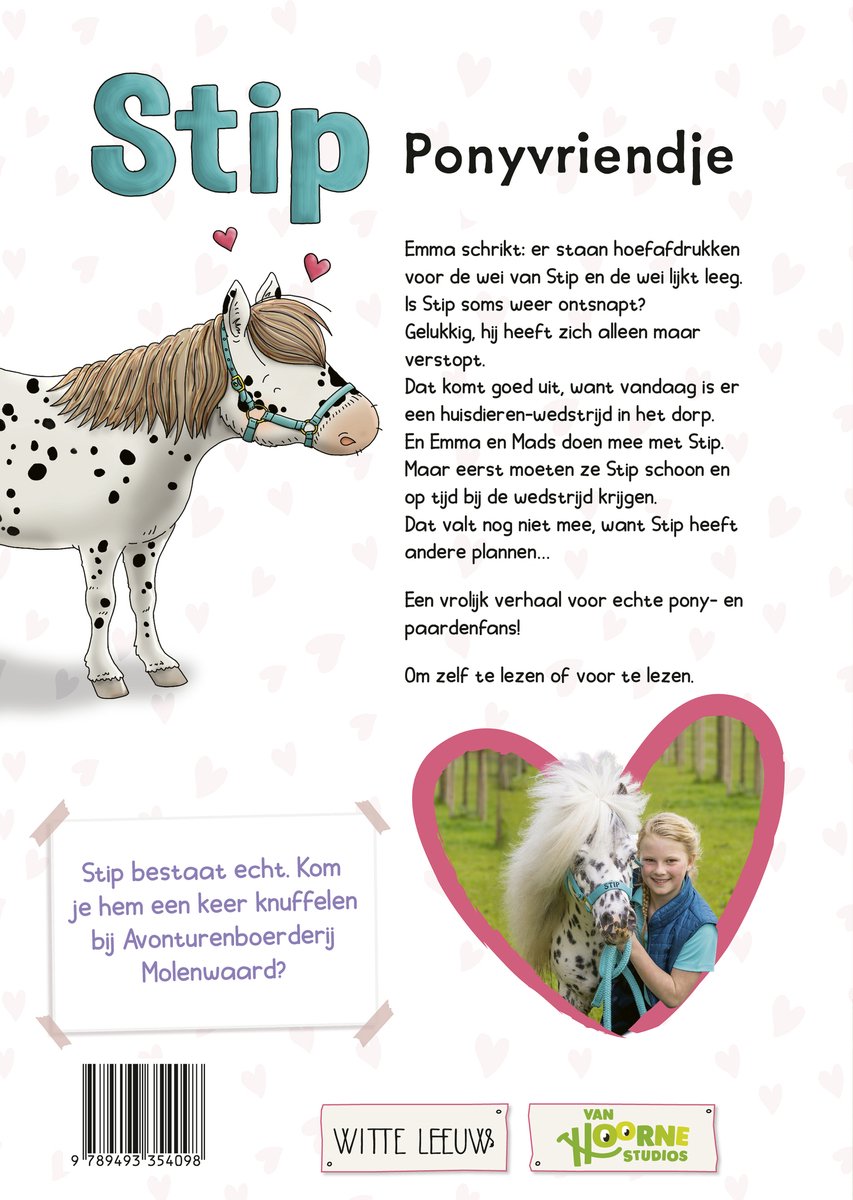 De achterkant van het boek 'Stip Ponyvriendje' met een afbeelding van een meisje en een gestippelde pony.