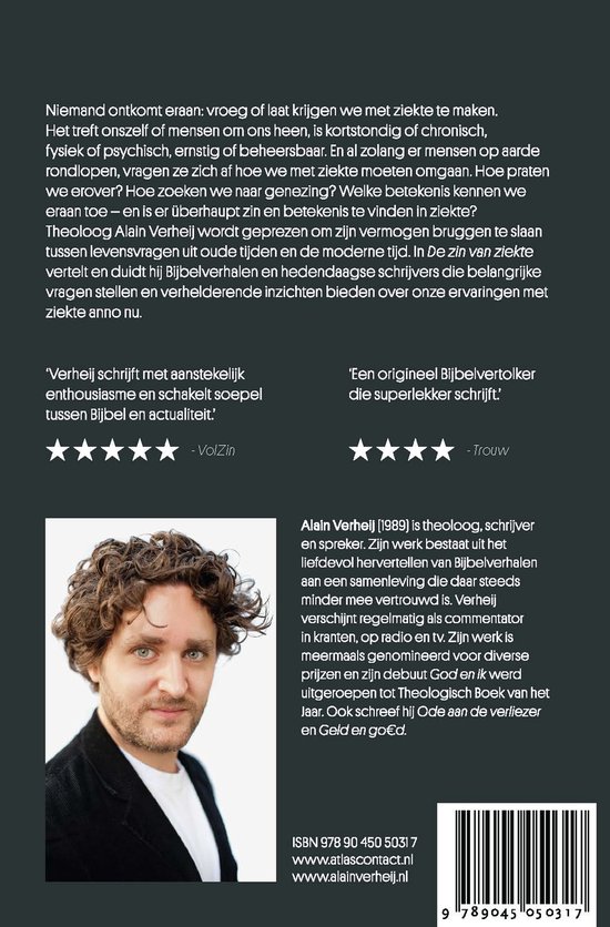 Achterkant boek "De zin van ziekte" van Alain Verheij, met een portret van de auteur.