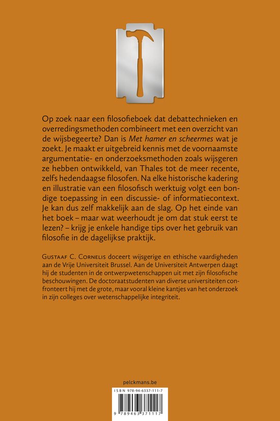 Oranje hamer op een scheermes met de tekst "Met hamer en scheermes".