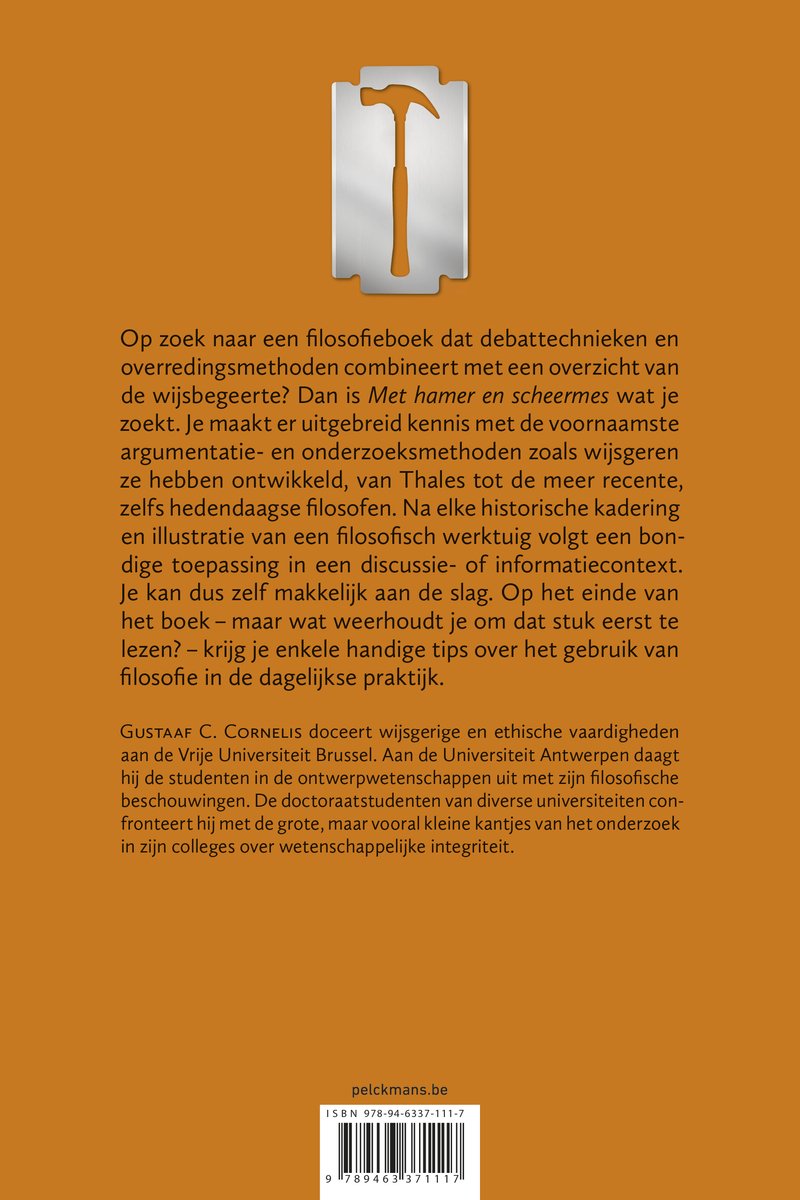 Oranje hamer op een scheermes met de tekst "Met hamer en scheermes".