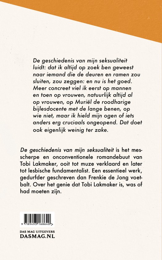 Achterkant van het boek 'De geschiedenis van mijn seksualiteit' met tekst over de inhoud en ISBN-barcode.