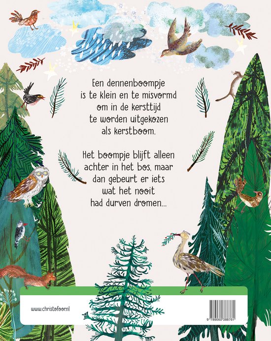 Achterkant van het boek 'Het boompje in het bos'. Een dennenboom staat in een bos met een uil, specht, eekhoorn en vogels. Tekst over het boompje.