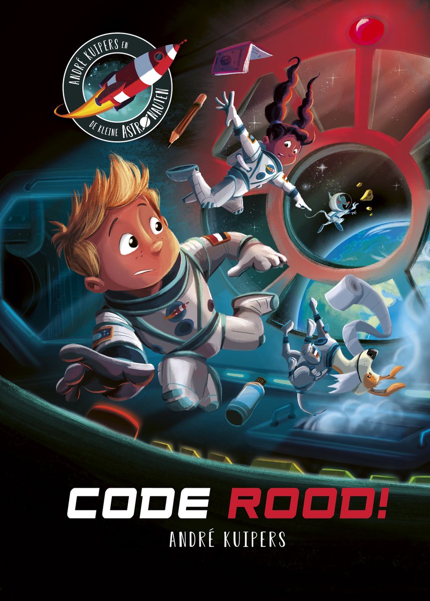 Voorplaat van "CODE ROOD!" met drie kinderen in ruimtepakken die in de ruimte zweven, met de aarde op de achtergrond.