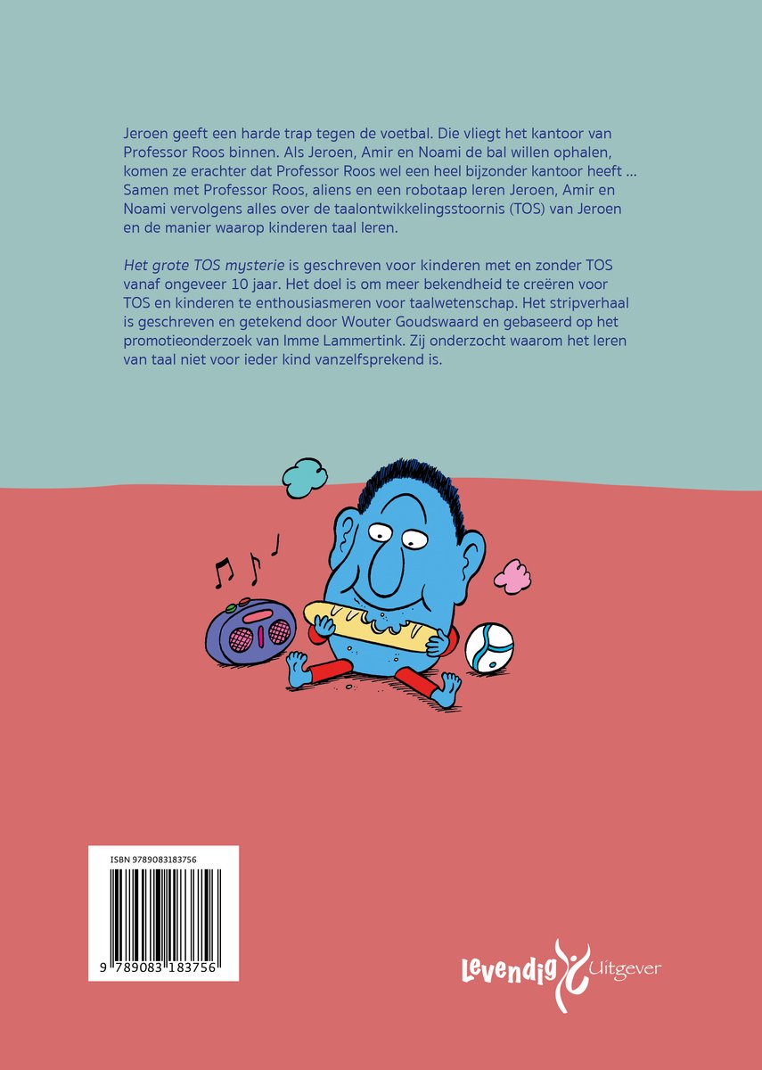 Boekomslag met blauw, getekend figuur met grote oren, dansend met muziekspeler en bal. Tekst 'Het grote TOS mysterie'.