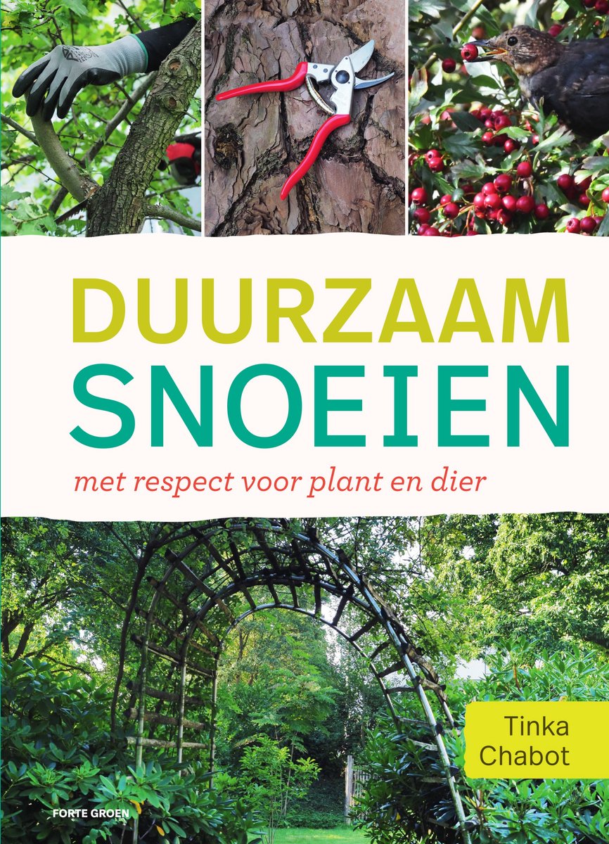Vrouw met grijze handschoen snoeit tak. Snoeischaar op boomstam. Vogel met bes in snavel. Twee bogen van hout en groen. Titel 'Duurzaam snoeien'.