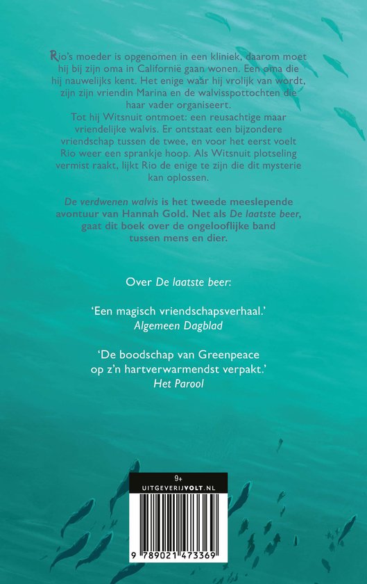 Boekomslag met tekst: Rio's moeder is opgenomen in een kliniek, daarom moet hij bij zijn oma in Californië gaan wonen. Het enige waar hij vrolijk van wordt, zijn zijn vriendin Marina en de walvissporttochten die haar vader organiseert. Tot hij Witsnuit ontmoet: een reusachtige maar vriendelijke walvis. Er ontstaat een bijzondere vriendschap tussen de twee, en voor het eerst voelt Rio weer een sprankje hoop. Als Witsnuit plotseling vermist raakt, lijkt Rio de enige te zijn die dit mysterie kan oplossen. De verdwenen walvis is het tweede meeslepende avontuur van Hannah Gold. Net als De laatste beer, gaat dit boek over de ongelooflijke band tussen mens en dier. Recensies: 'Een magisch vriendschapsverhaal.' Algemeen Dagblad. 'De boodschap van Greenpeace, op z'n hartverwarmendst verpakt.' Het Parool.