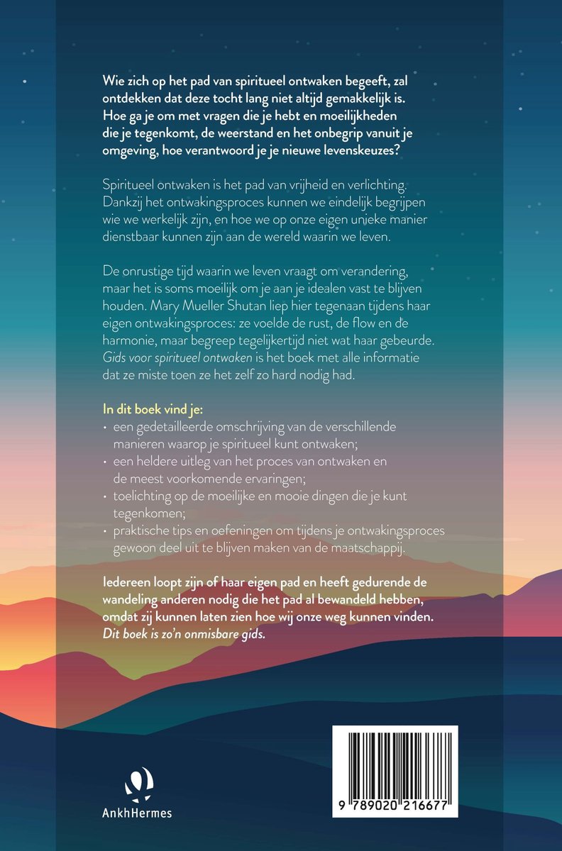 Boekomslag met paarse en oranje gloed van een zonsondergang boven heuvels. Titel: Gids voor spiritueel ontwaken.