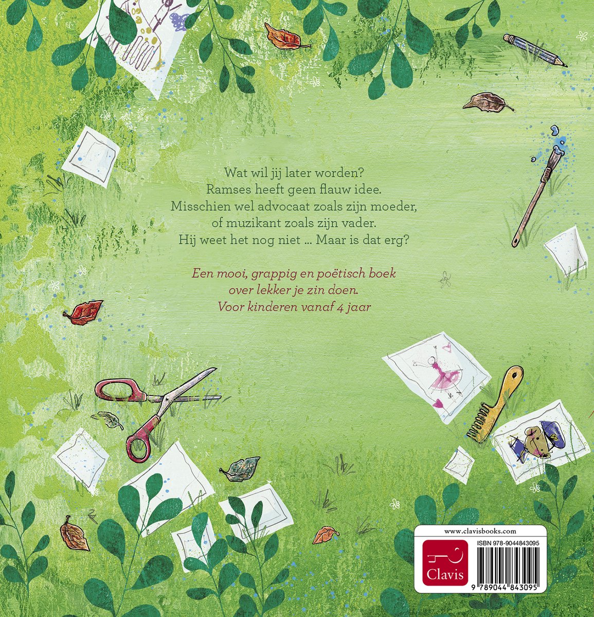 Achterkant boek. Kindertekeningen, scharen, bladeren en tekst.