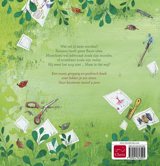 Achterkant boek. Kindertekeningen, scharen, bladeren en tekst.