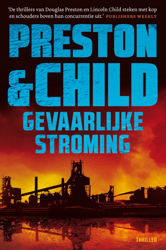 Boekomslag met de titel 'Pendergast 19 Gevaarlijke stroming' tegen een gloeiende fabriekssilhouet.