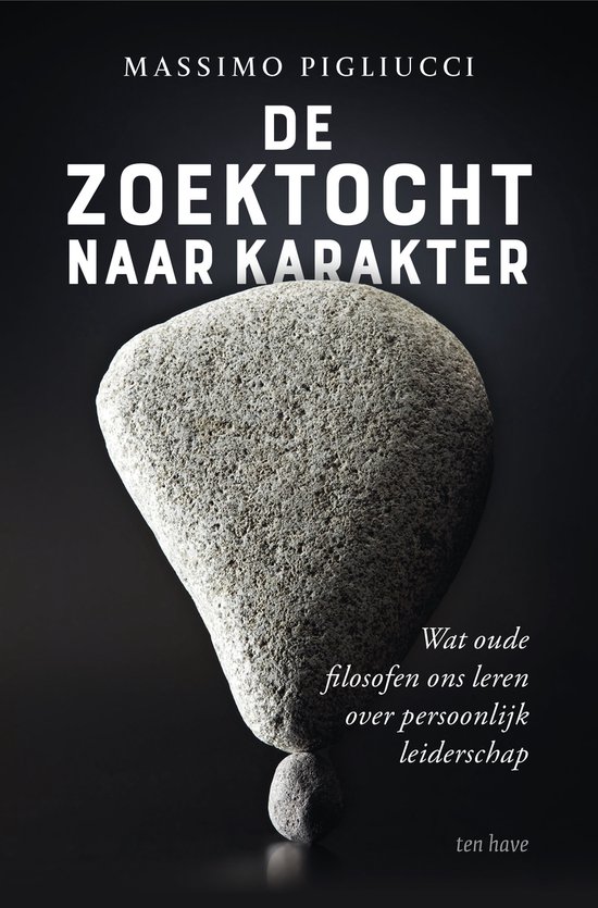 Boekomslag met de titel 'De zoektocht naar karakter'. Een grote grijze steen ligt op een kleinere steen.