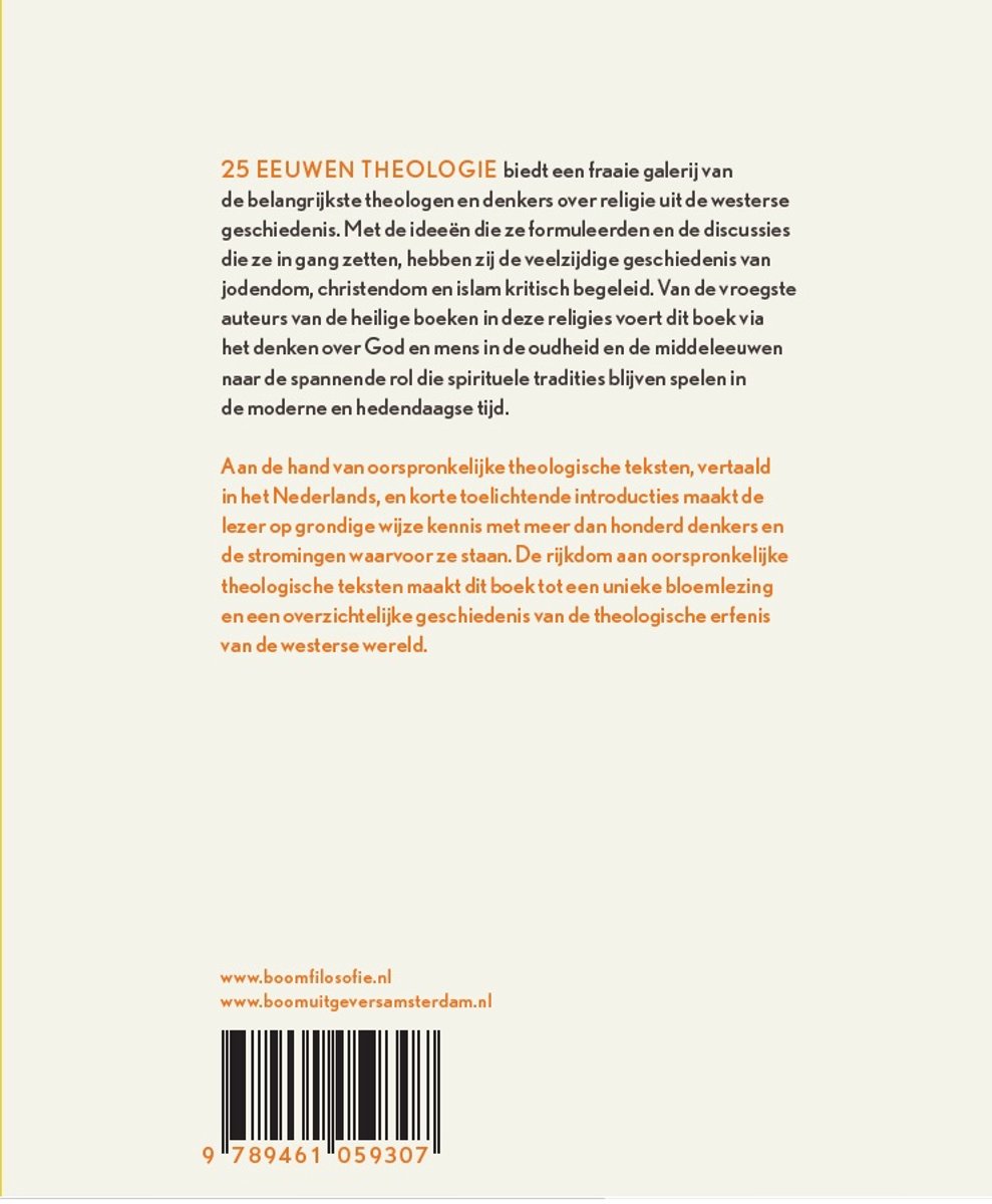 Achterkant van een boek met tekst over '25 EEEUWEN THEOLOGIE' en een streepjescode.