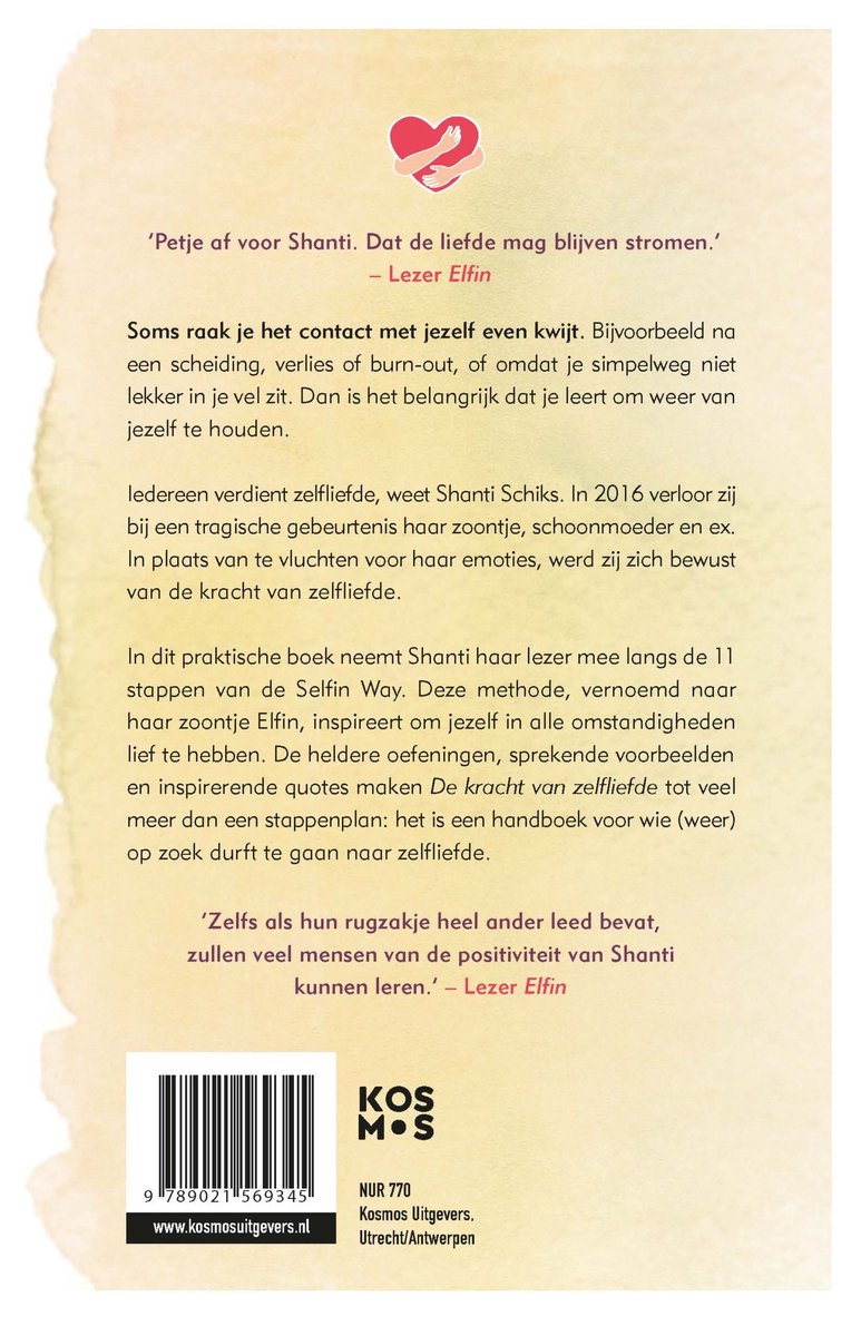 Achterkant van het boek "De kracht van zelfliefde". Bevat tekst en een barcode.